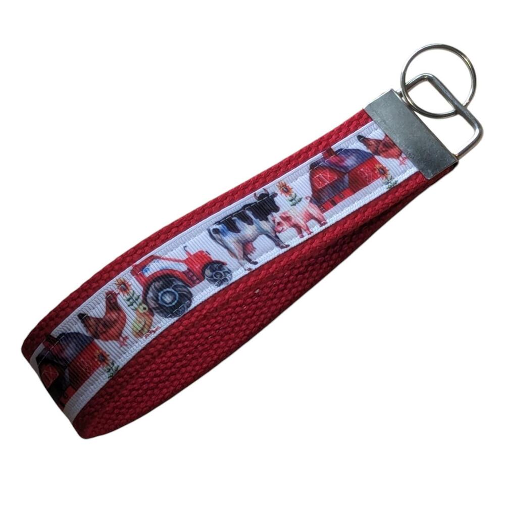 Farm Keychain Wristlet Handmade Fabric Key FOB Cow Chicken Tractor Barn Farmer